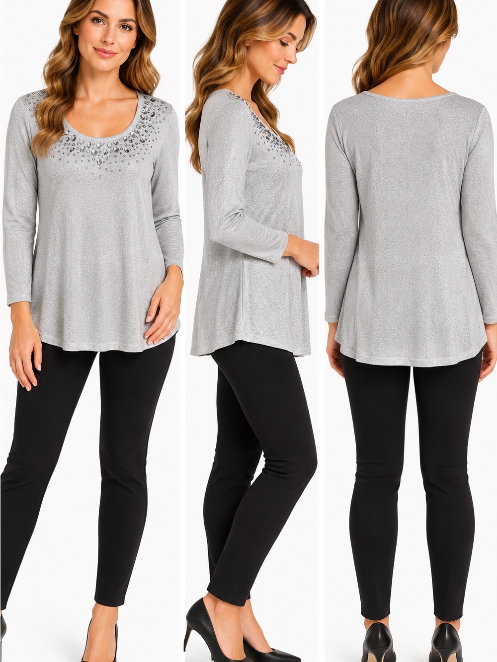 Ruby Rd. Women’s Silver Rhinestone Embellished Long Sleeve Tunic Top Size L